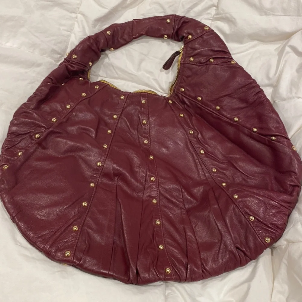 GOLDENBLEU burgundy leather purse 👛 semi circular bag with gold tone stud over